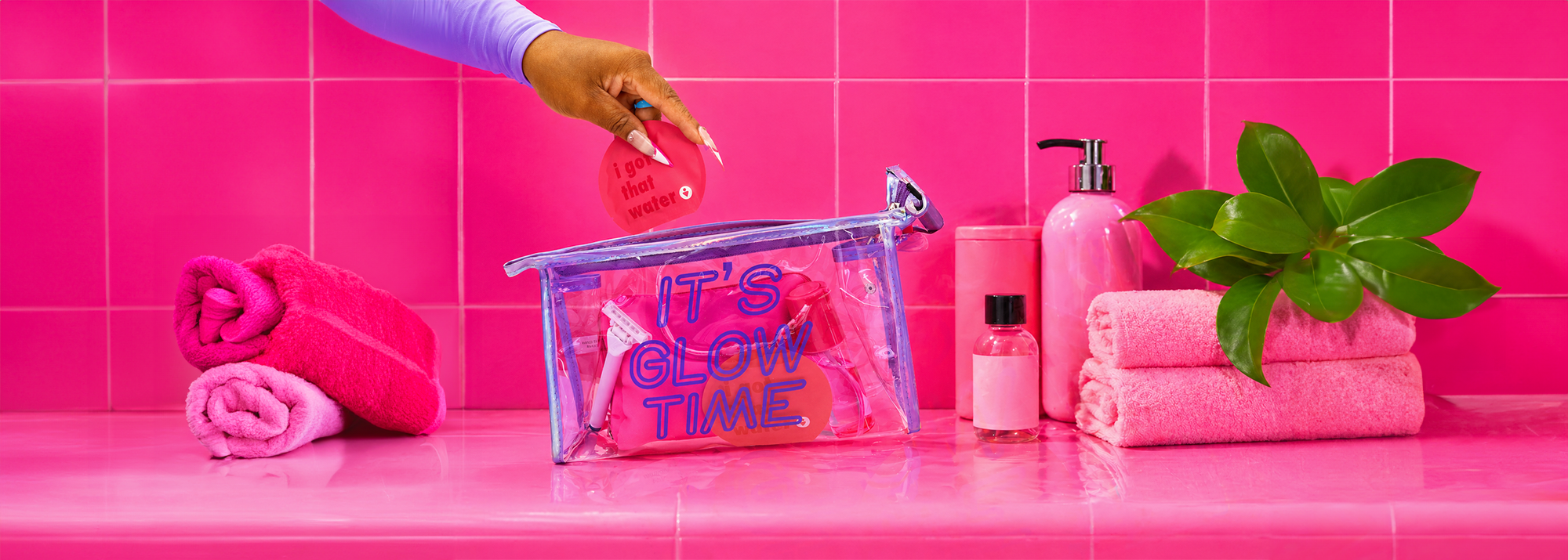 Aesthetic hygiene essentials including pH-balancing wipes, lip gloss, and everyday bag items for staying fresh on the go.