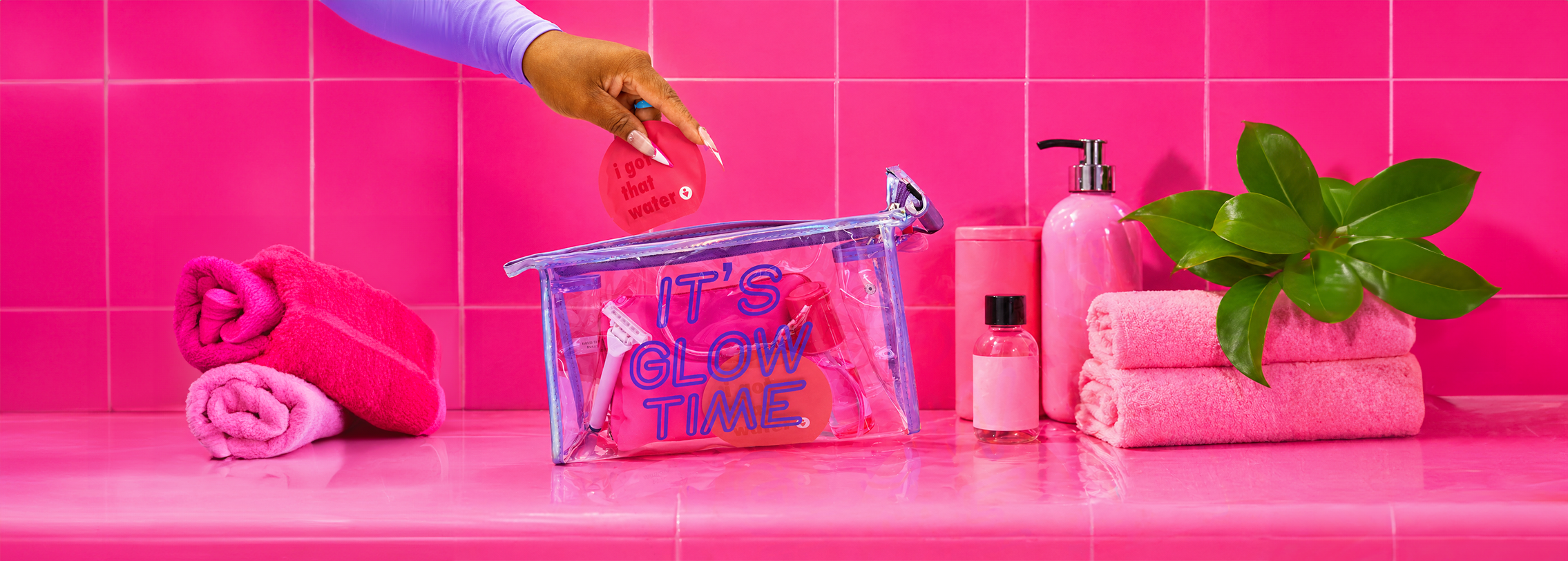 Aesthetic hygiene essentials including pH-balancing wipes, lip gloss, and everyday bag items for staying fresh on the go.